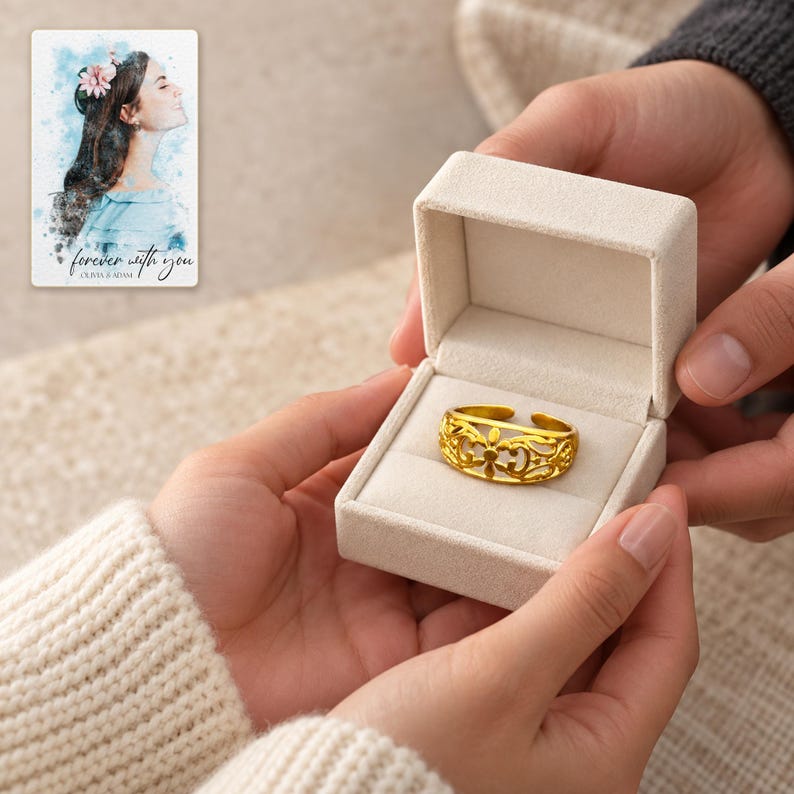 Golden Bloom Filigree Ring shown during a warm gift-receiving moment between adults with the jewelry visible. A personalized digital greeting card is shown alongside.