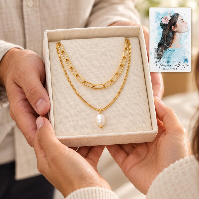 Kona pearl style Layers Necklace shown during a believable gift-giving moment between adults with the jewelry visible. A personalized digital greeting card is shown alongside.
