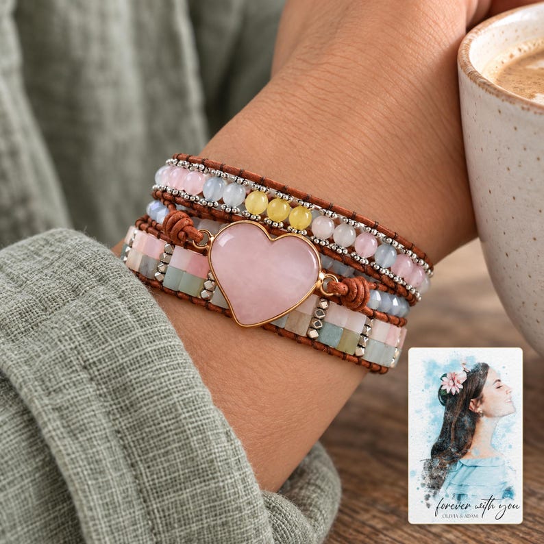 Pastel Heart Wrap Bracelet worn by an adult in a natural daytime lifestyle scene. A personalized digital greeting card is shown alongside.