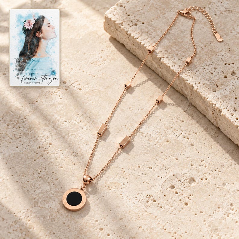 Roman Numeral Necklace, sunlit home view. A personalized digital greeting card is shown alongside.