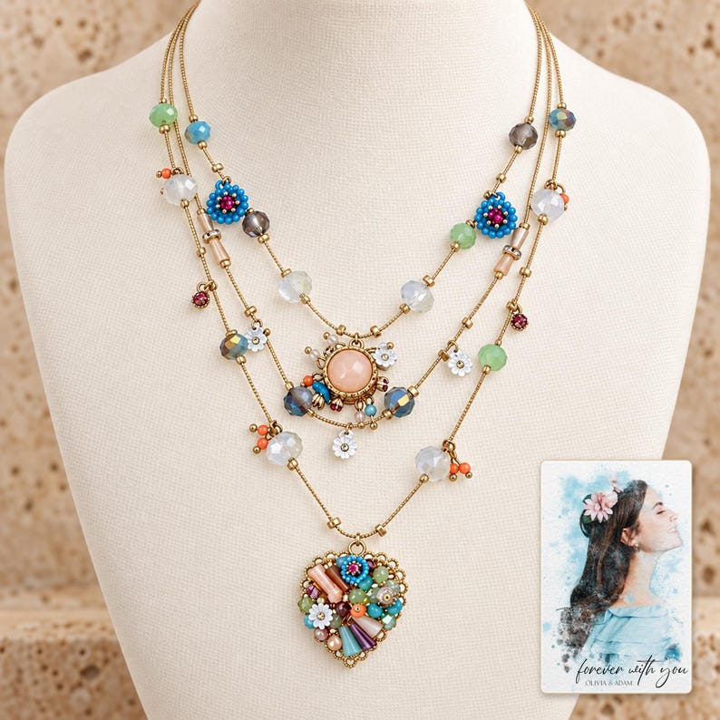 Bohemian Heart Cascade Necklace shown as the main Etsy hero photograph with a clear view of the complete design. A personalized digital greeting card is shown alongside.