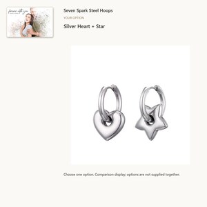 Silver tone heart-star. Charm Hoop Earrings. A personalized digital greeting card is shown. Select the pictured option when ordering.