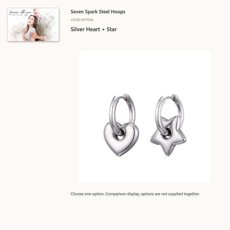Silver tone heart-star. Charm Hoop Earrings. A personalized digital greeting card is shown. Select the pictured option when ordering.