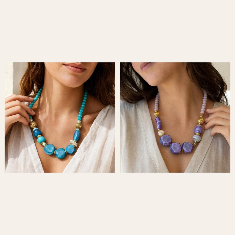 May include: Two necklaces featuring chunky, irregular beads in shades of blue and purple. The blue necklace has turquoise and teal beads with gold-toned spacers. The purple necklace features lavender and violet beads with gold-toned accents.