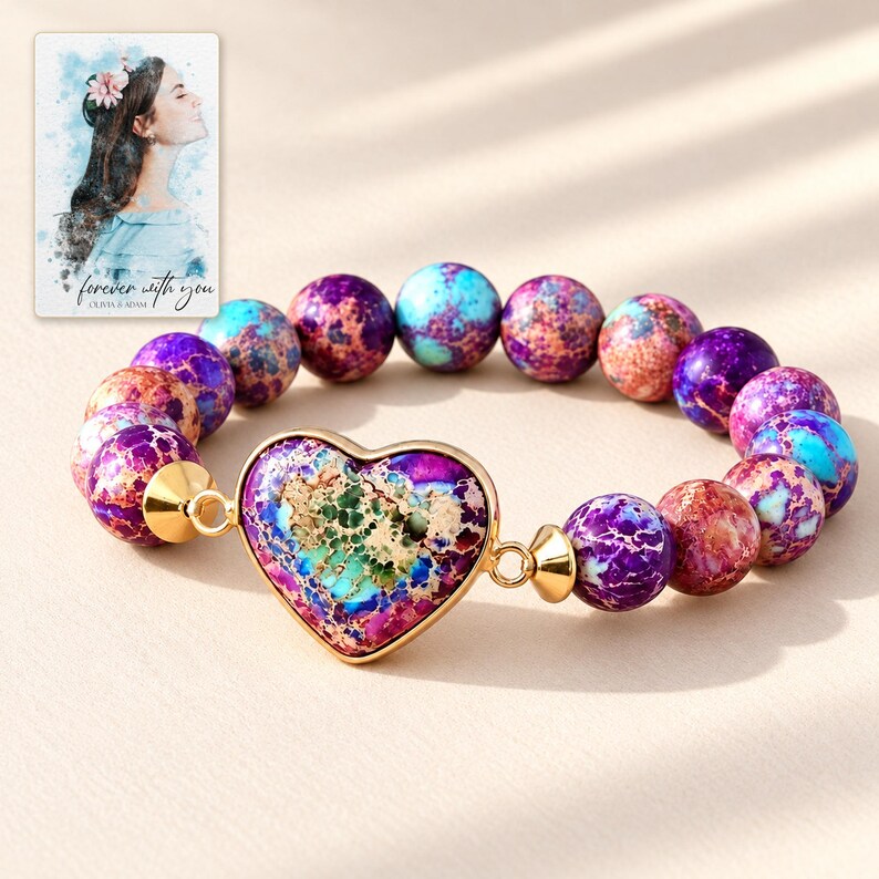 Imperial Mosaic Heart Bracelet shown in a close macro view highlighting the visible texture, texture and construction details. A personalized digital greeting card is shown alongside.