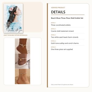 May include: A three-piece anklet set featuring one cowrie-shell strand and two white seed-bead strands. The set includes gold-tone scallop and conch charms. The product is labeled as the Beach Muse Three-Piece Shell Anklet Set with coordinated pieces.