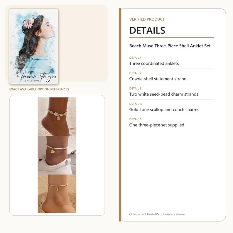 May include: A three-piece anklet set featuring one cowrie-shell strand and two white seed-bead strands. The set includes gold-tone scallop and conch charms. The product is labeled as the Beach Muse Three-Piece Shell Anklet Set with coordinated pieces.