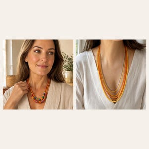 Peut inclure: Un collier multi-rangs compos&eacute; de perles orange et jaunes avec des accents &agrave; motifs, ainsi qu'un ensemble de colliers superpos&eacute;s constitu&eacute; de plusieurs fils fins dans des tons jaune, orange et gris, port&eacute; sur une chemise en lin blanc.