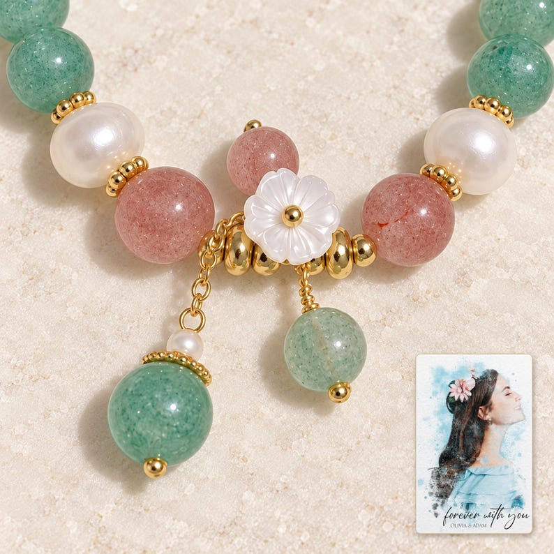 Forest Strawberry clear accents Bracelet shown in a close macro view highlighting the visible texture, texture and construction details. A personalized digital greeting card is shown alongside.