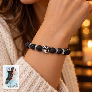 Black Lava Bead Bracelet, worn with evening clothing. A sample personalized digital greeting card is shown alongside.