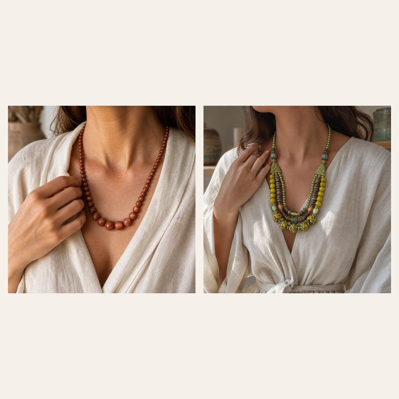 Puede incluir: Un collar de una sola hebra con cuentas redondas y lisas de color cobre de varios tama&ntilde;os, y un collar de varias capas con cuentas verdes, marrones y met&aacute;licas, ambos sobre una prenda de color claro, texturizada y de manga larga.