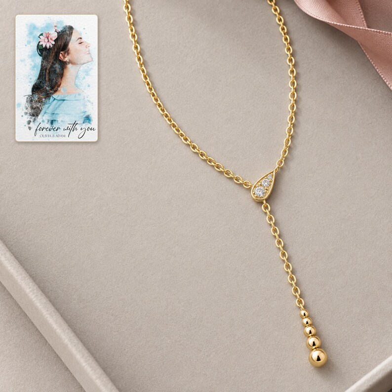 Moissanite Y Necklace, evening style view. A personalized digital greeting card is shown alongside.