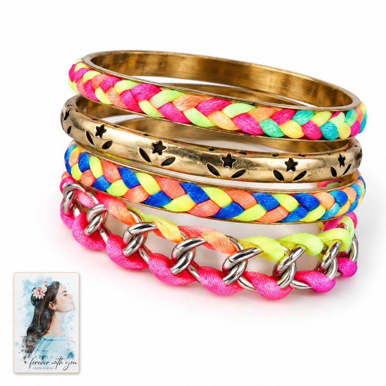 Colorful Woven Bracelet Set, close-up of the details. A sample personalized digital greeting card is shown alongside.