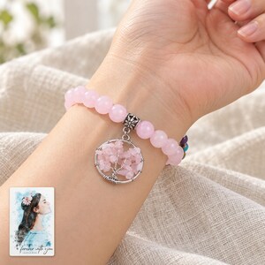 Pink Bead Tree Charm Bracelet, worn by an adult. A sample personalized digital greeting card is shown alongside.