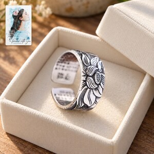 Lotus Flower Open Ring, displayed in a presentation box. A sample personalized digital greeting card is shown alongside.