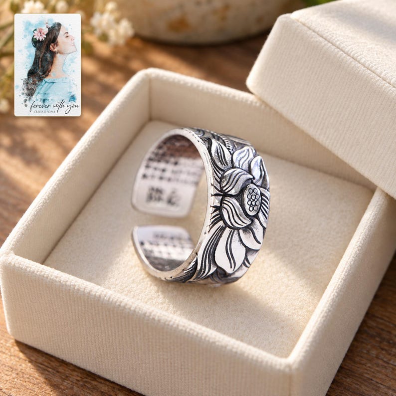 Lotus Flower Open Ring, displayed in a presentation box. A sample personalized digital greeting card is shown alongside.