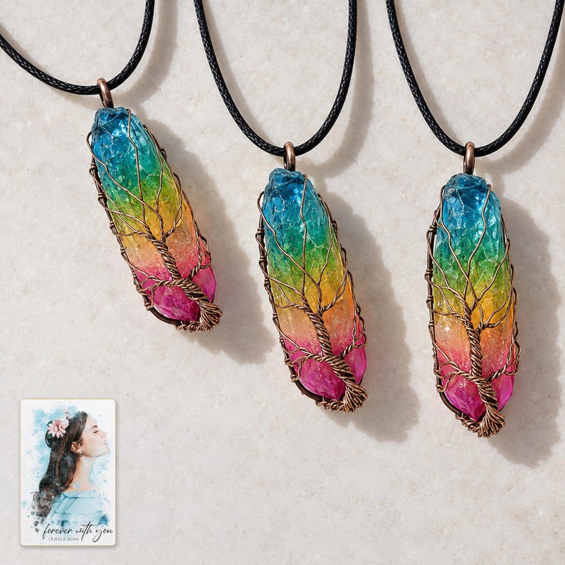 Rainbow Tree Stone Necklace, laid on fabric. A sample personalized digital greeting card is shown alongside.