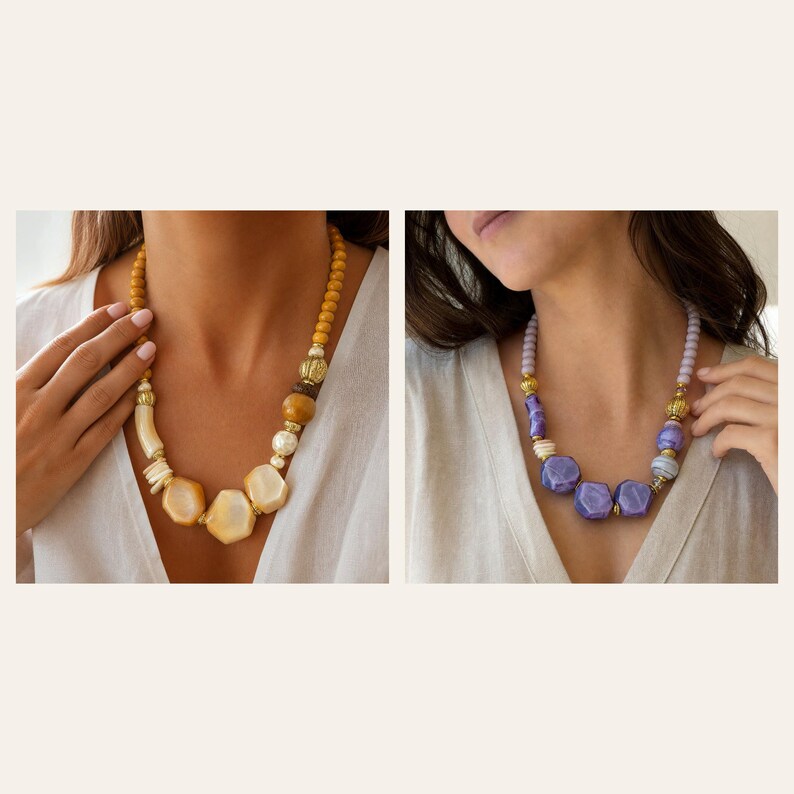 May include: Two necklaces featuring chunky beads in shades of yellow and purple. The yellow necklace includes smooth, faceted, and cylindrical beads with gold-toned spacers. The purple necklace features similar faceted and round beads with gold-toned accents.