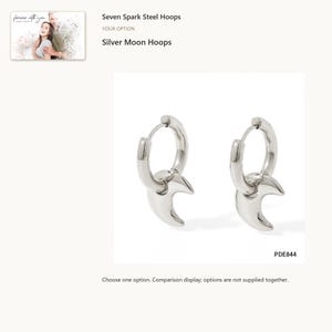 Silver tone crescent. Charm Hoop Earrings. A personalized digital greeting card is shown. Select the pictured option when ordering.