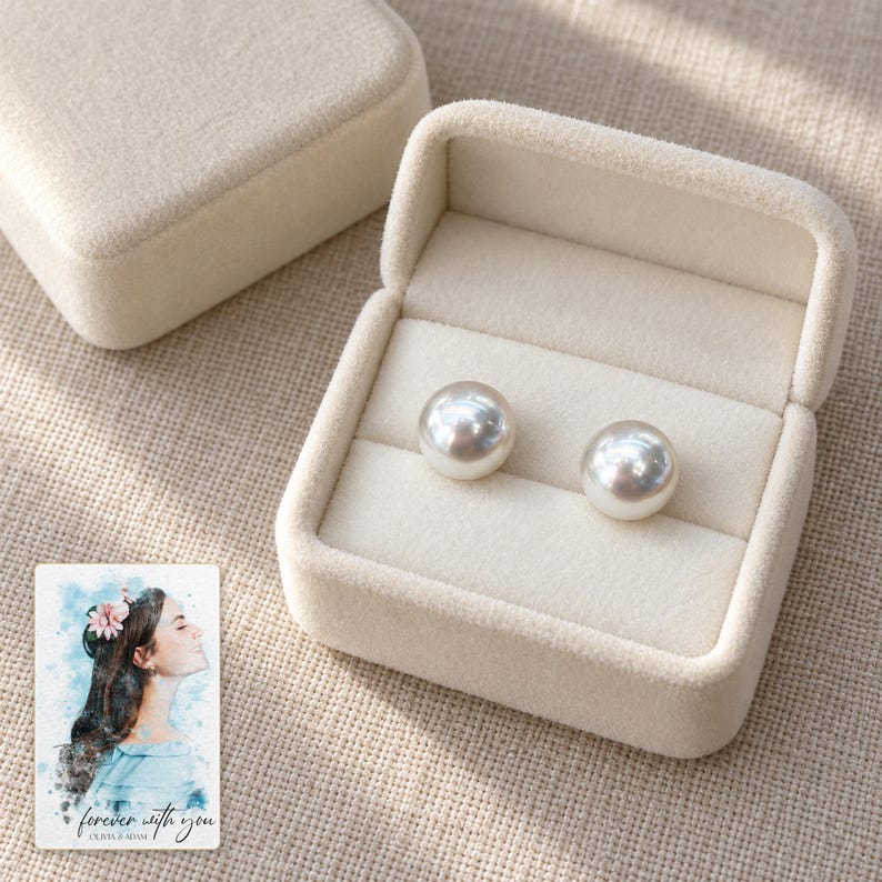 Pearl Style Earrings, gift box view. A personalized digital greeting card is shown alongside.