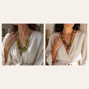 May include: Two multi-strand necklaces featuring olive green, brown, and metallic beads. The left necklace has layered strands with textured spherical beads. The right necklace features larger striped yellow and green beads with a leaf charm.