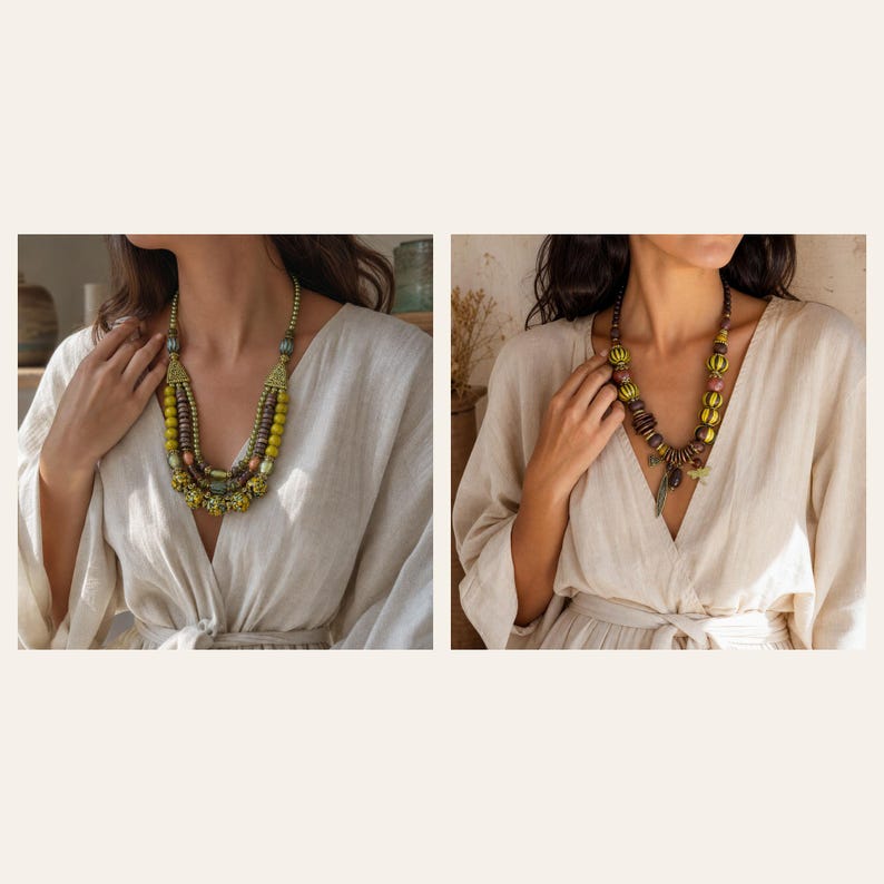 May include: Two multi-strand necklaces featuring olive green, brown, and metallic beads. The left necklace has layered strands with textured spherical beads. The right necklace features larger striped yellow and green beads with a leaf charm.