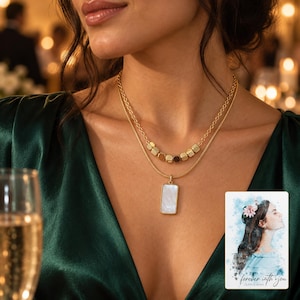 Gold-tone layered necklace with a rectangular mother-of-pearl pendant worn with a green blouse, beside a personalized digital greeting card.
