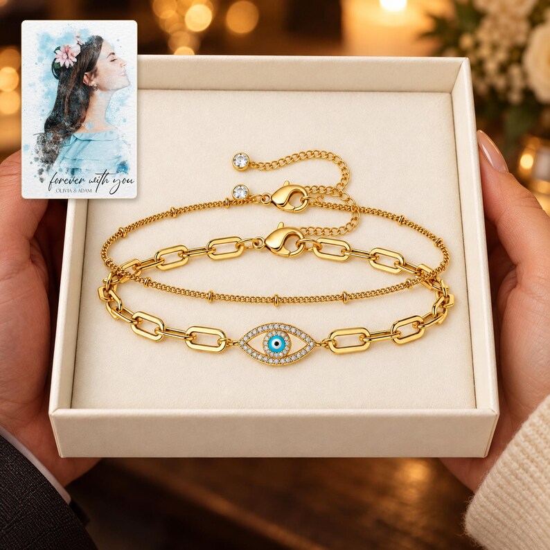 Gold Tone Evil Eye Bracelet Duo shown during a warm gift-receiving moment between adults with the jewelry visible. A personalized digital greeting card is shown alongside.