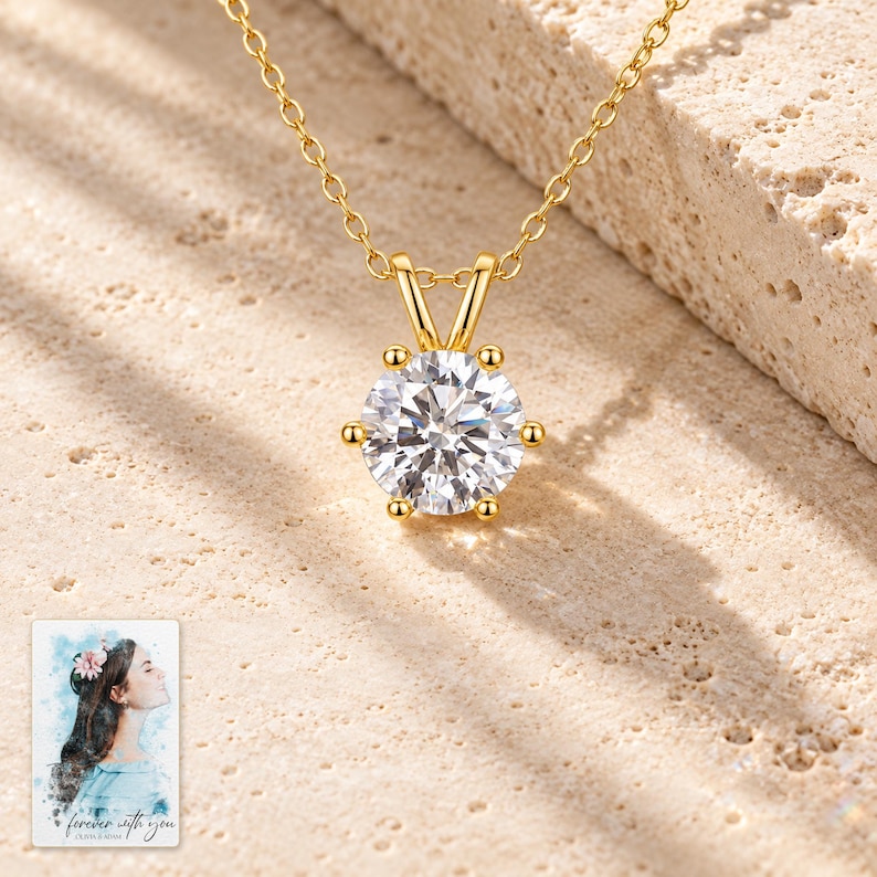 Moissanite Solitaire Necklace, shown in natural light. A sample personalized digital greeting card is shown alongside.