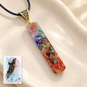 Colorful Bar Pendant Necklace, macro detail view. A personalized digital greeting card is shown alongside.