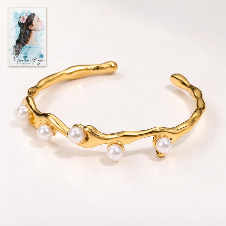 Gold Tone Cuff Bracelet, shown against a light background. A sample personalized digital greeting card is shown alongside.
