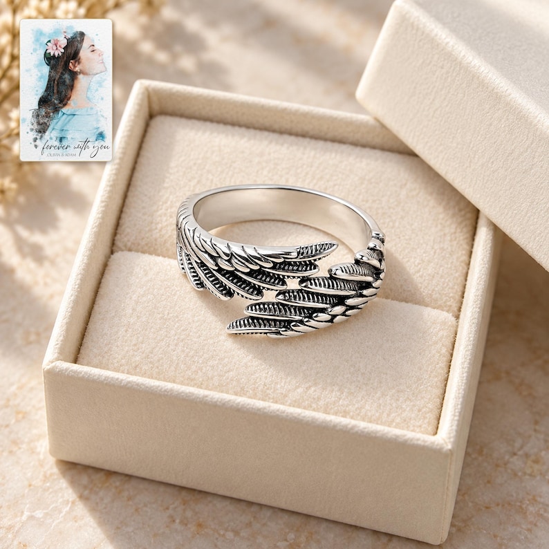 Angel Wings Wrap Ring, displayed in a presentation box. A sample personalized digital greeting card is shown alongside.