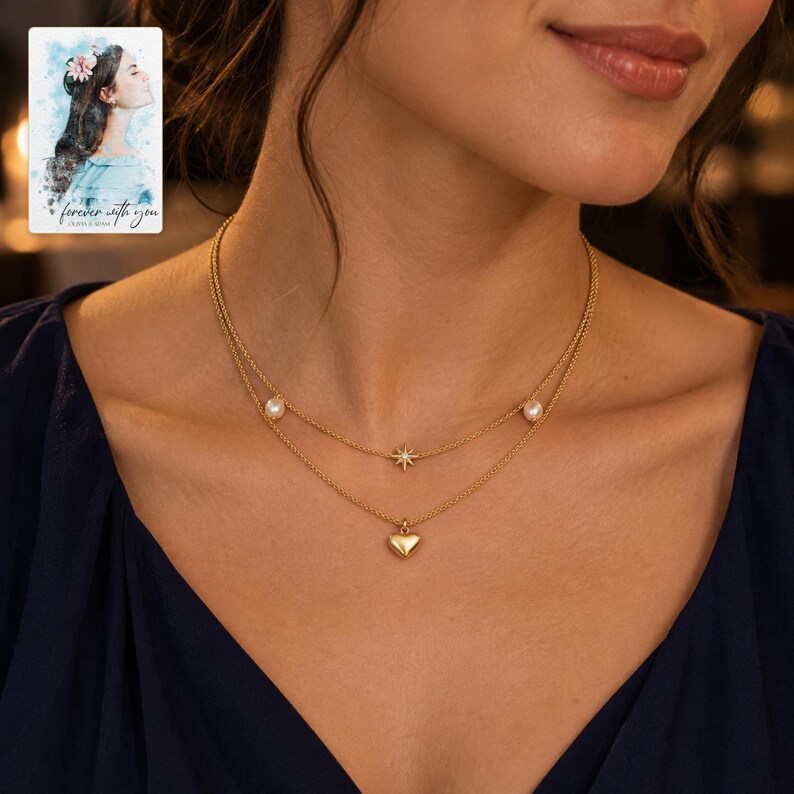 Layered Heart Necklace, worn with evening clothing. A sample personalized digital greeting card is shown alongside.