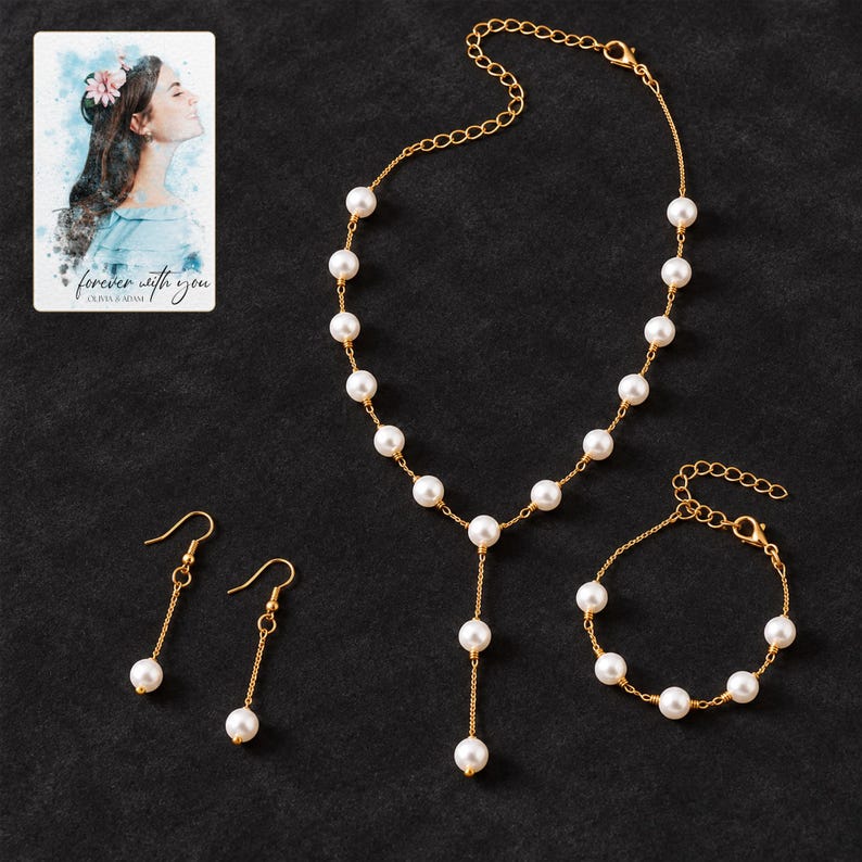 pearl style Occasion Jewelry Set styled against a dark luxury surface with the exact product finish clearly visible. A personalized digital greeting card is shown alongside.