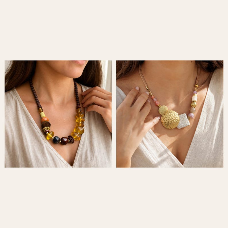 May include: Two necklaces. The left necklace features dark brown, yellow, orange, and black beads. The right necklace features a large hammered gold-tone circular pendant, a white textured square bead, and smaller pink, gold, and white beads.