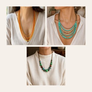 May include: A collection of three necklaces: one with multiple strands of orange and yellow beads, one with layered turquoise and metallic beads, and one featuring a single strand of green, brown, and turquoise beads on a metallic chain.
