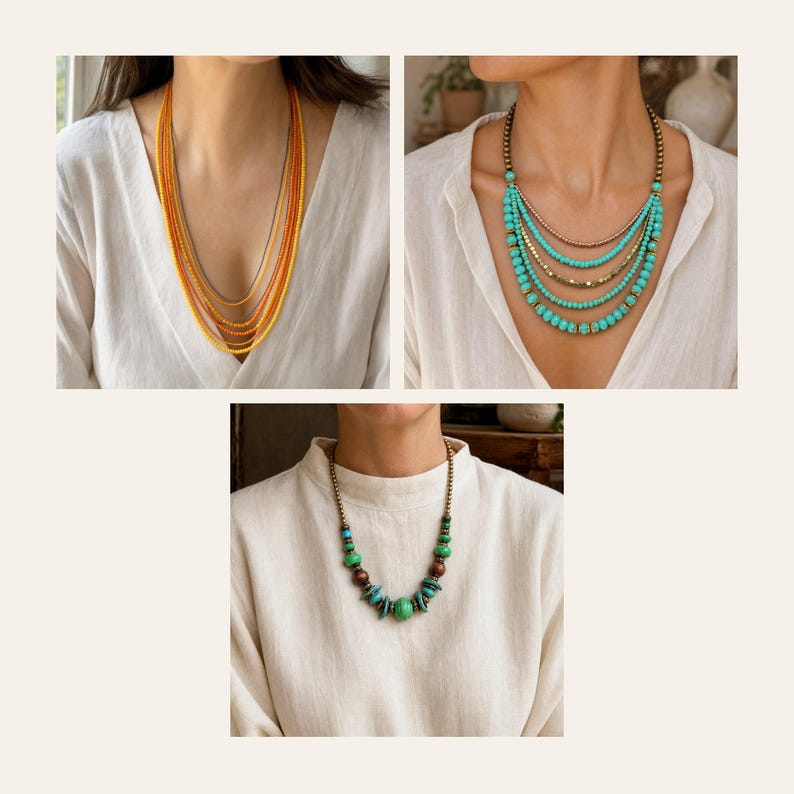 May include: A collection of three necklaces: one with multiple strands of orange and yellow beads, one with layered turquoise and metallic beads, and one featuring a single strand of green, brown, and turquoise beads on a metallic chain.