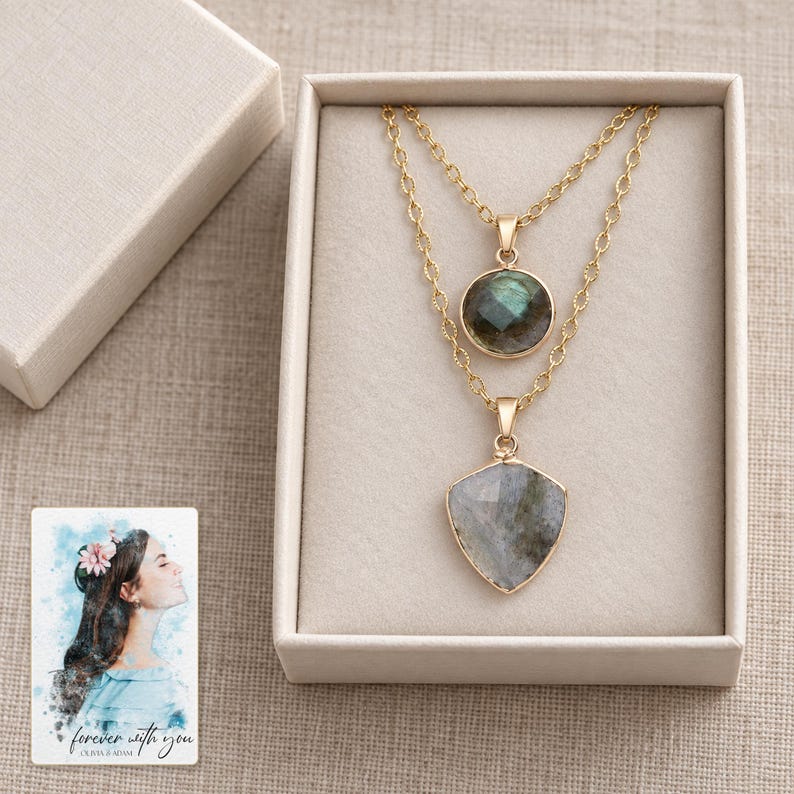 Layered Shield Necklace, gift box view. A personalized digital greeting card is shown alongside.