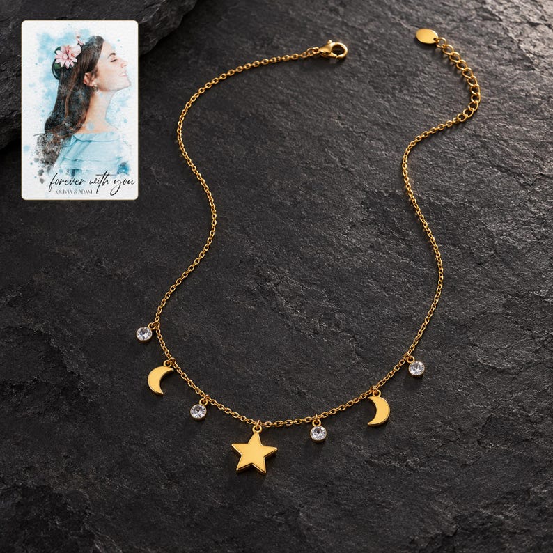 Moon and Star Necklace, shown against a dark background. A sample personalized digital greeting card is shown alongside.