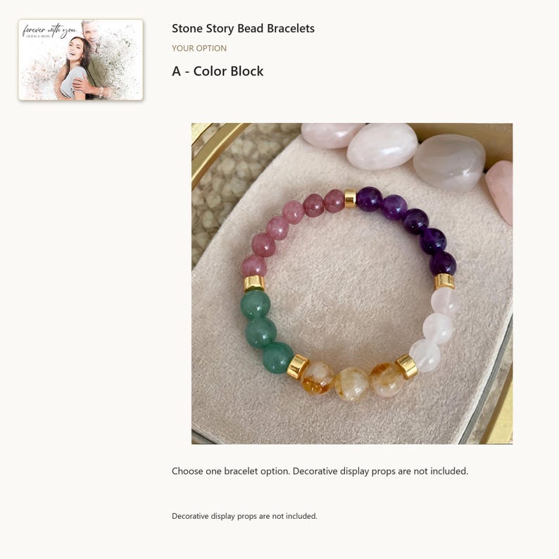 Multicolor round bead bracelet: A - Color Block. One selected bracelet; decorative display props are not included. Optional digital greeting card shown.