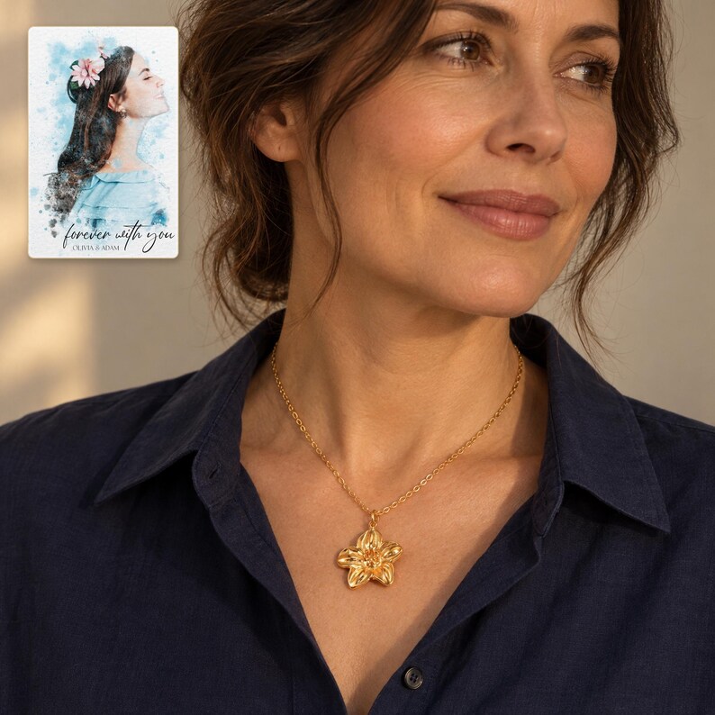 Gold Tone Flower Necklace, worn with evening clothing. A sample personalized digital greeting card is shown alongside.