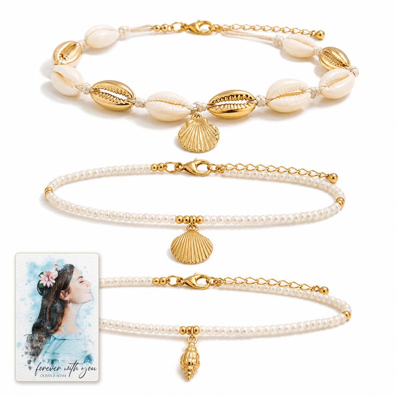 Beach Muse Three-Piece Shell Anklet Set shown during a believable gift-giving moment between adults with the exact jewelry visible.