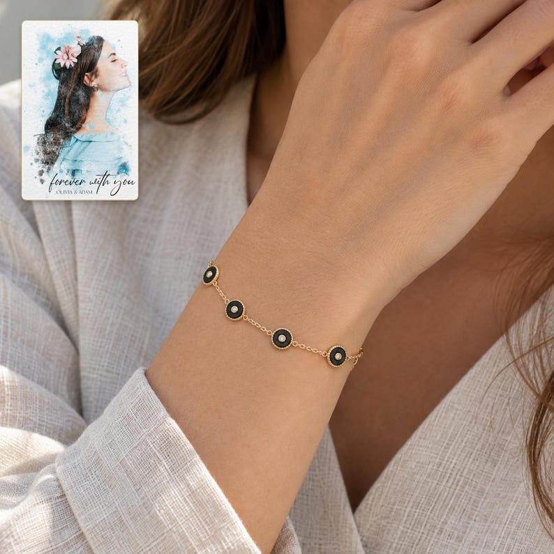 Black Disc Bracelet, worn by an adult. A sample personalized digital greeting card is shown alongside.