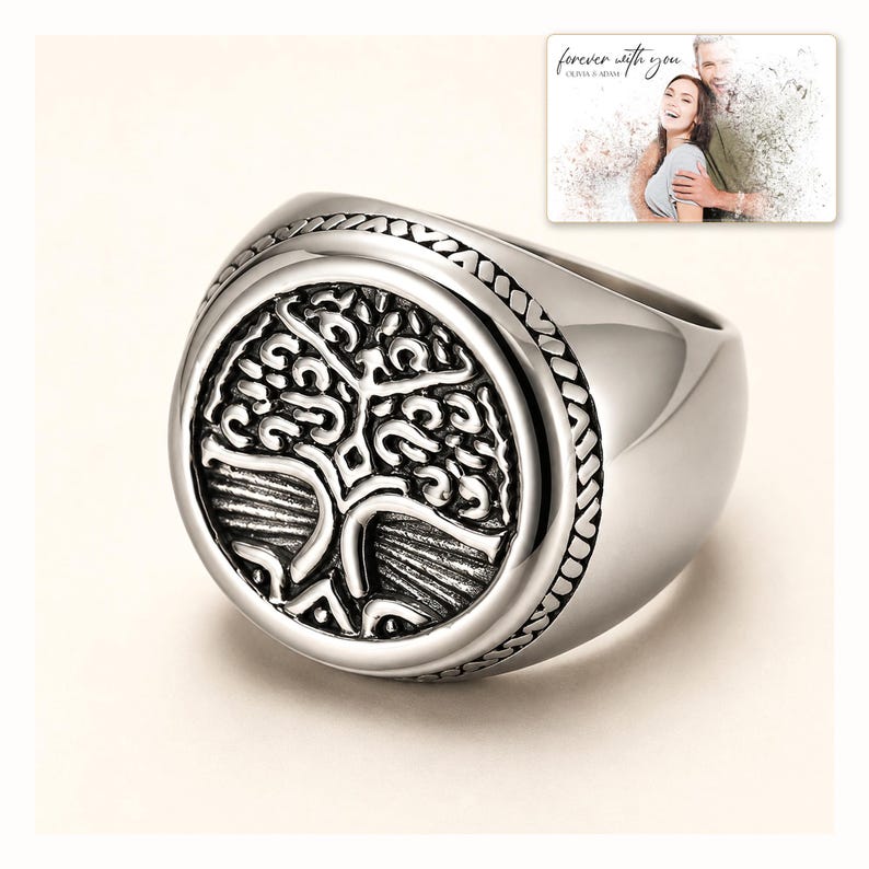 Silver-tone ring with a round tree motif, catalog view. A personalized greeting-card example appears in the corner.