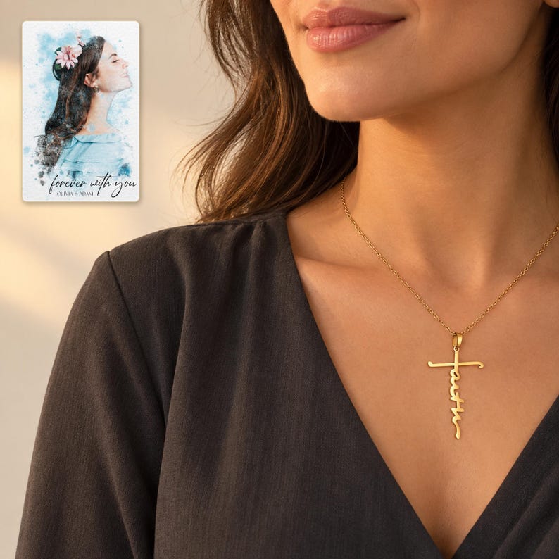 Faith Together Cross Necklace Set worn by an adult in a polished evening lifestyle scene. A personalized digital greeting card is shown alongside.