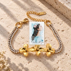 Gold Tone Flower Bracelet, sunlit home view. A personalized digital greeting card is shown alongside.
