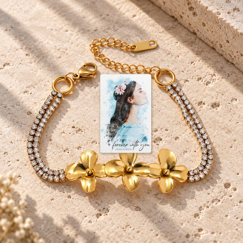 Gold Tone Flower Bracelet, sunlit home view. A personalized digital greeting card is shown alongside.