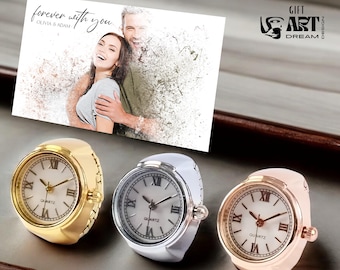 Punk Watch Ring with Photo Card, Silver, Gold or Rose Gold Tone