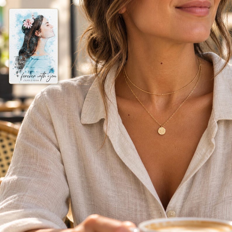 Gold Tone Coin Satellite Necklace worn by an adult in a natural daytime lifestyle scene. A personalized digital greeting card is shown alongside.