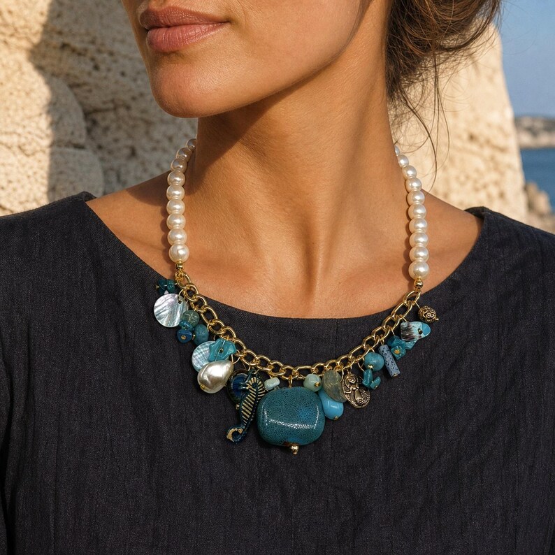 Three-piece handmade necklace set featuring gray and brown beaded necklace, gray and brown beaded necklace and brown and gray beaded necklace, displayed together to show the coordinated colors and beadwork